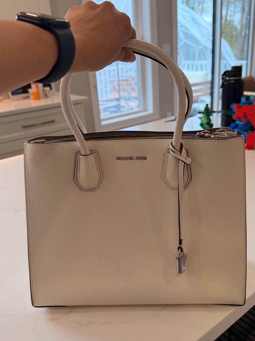 Michael Kors Cream Pebbled Leather Satchel with Silver Accents